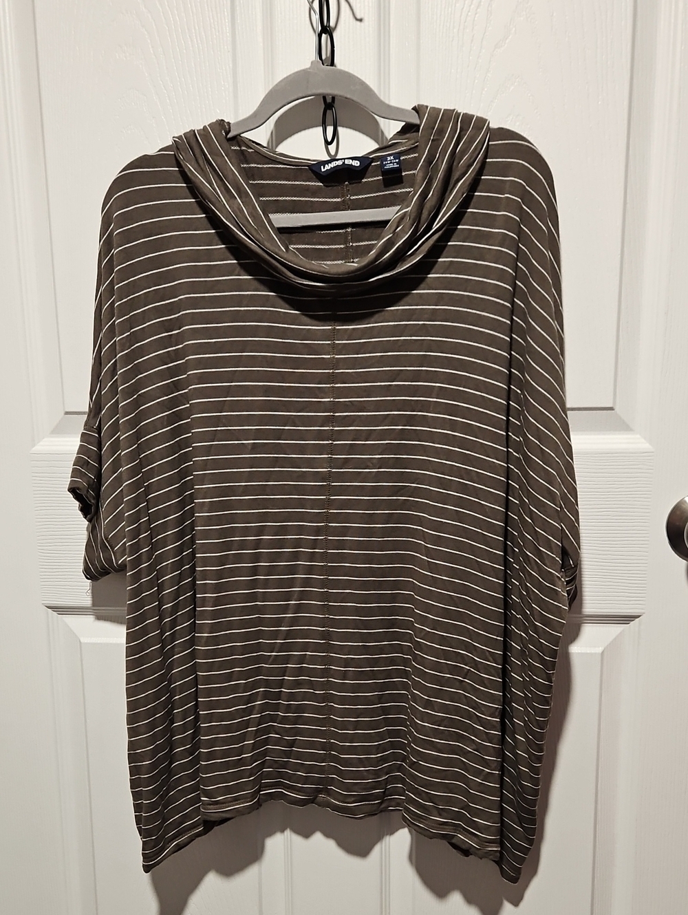Lands' End Green & Grey Striped Cowl Neck Sweater